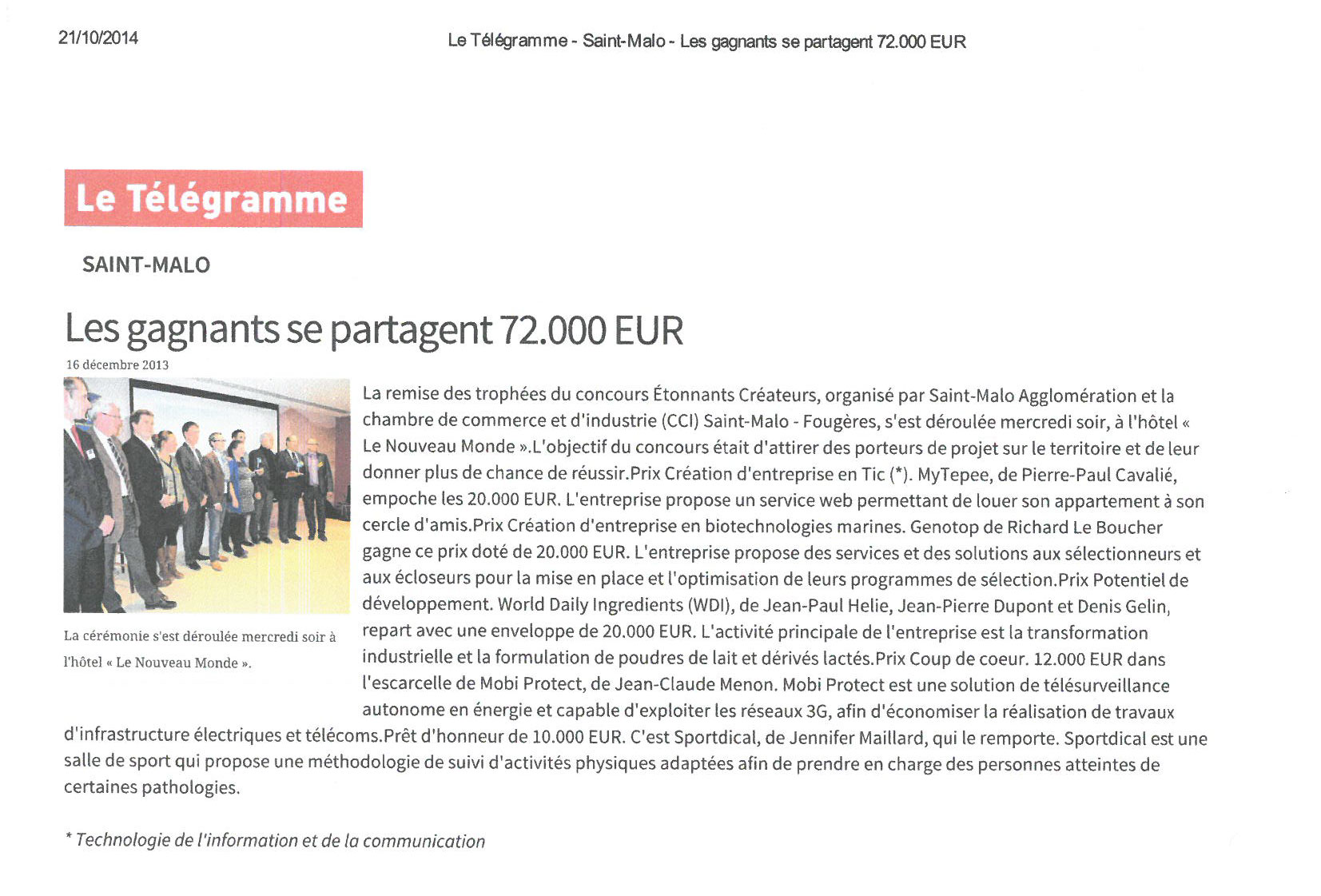 Article presse Télégramme 21 octobre 2014